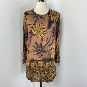 Putri Diana Batik Brown Tunic Blouse Top Med Long Sleeves Boho Whimsy Fairy Goth